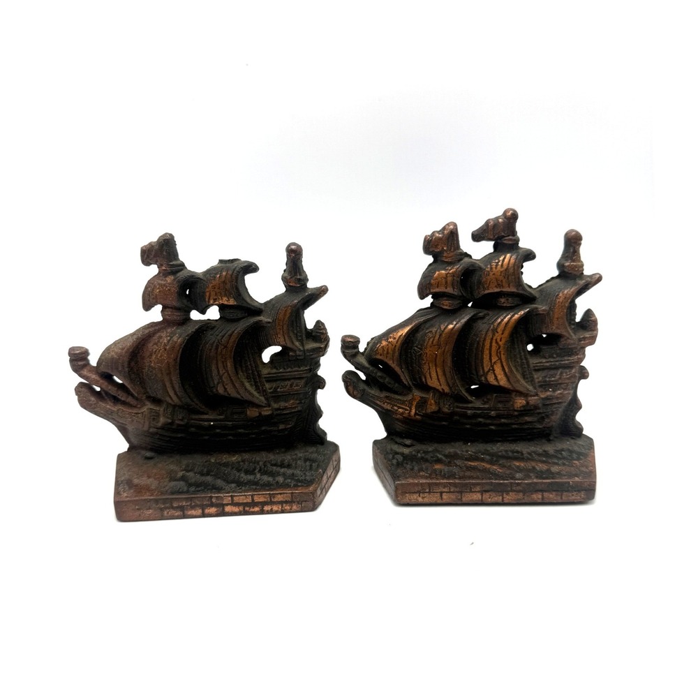 Vintage Cast Metal Sailing Ship Bookends Nautical Galleon Bronze Tone Set of 2
